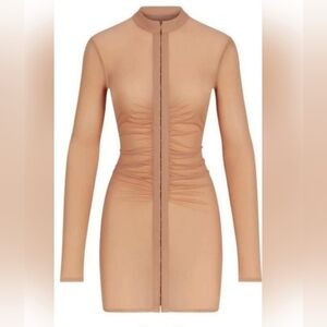 Skims Ruched Mesh Long Sleeve Swim Cover Up in Ochre